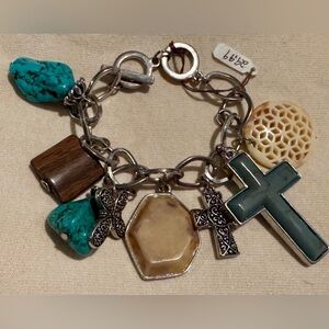 Silver Charm Bracelet with Turquoise and Cross Charms
